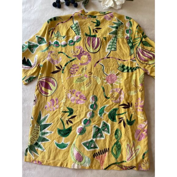 Zara Mens Yellow Hawaiian Shirt Art-Inspired Print Regular Fit Linen Medium - Picture 2 of 7
